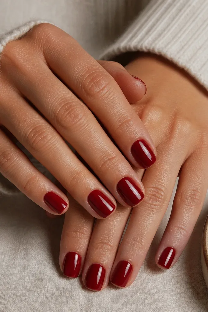 Hands with short soft-square nails in deep cherry red, mirror-gloss shine, no nail art, cuticles neatly cleaned with a thin white highlight reflection on each nail.