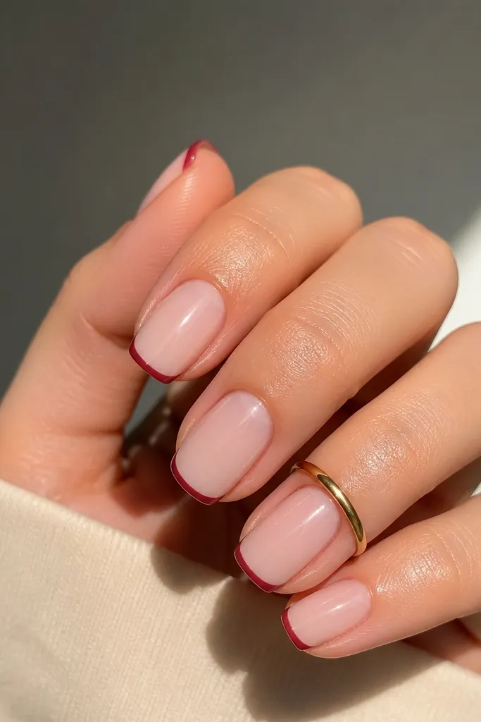 Squoval nails painted deep cherry red with a tiny, crisp lighter cherry-pink micro line along the free edge, glossy top coat, clean cuticles.