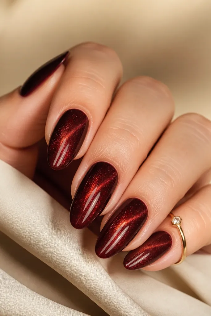 Almond nails in deep cherry red cat-eye polish with a vertical luminous stripe down the middle, glossy finish, smooth edges.