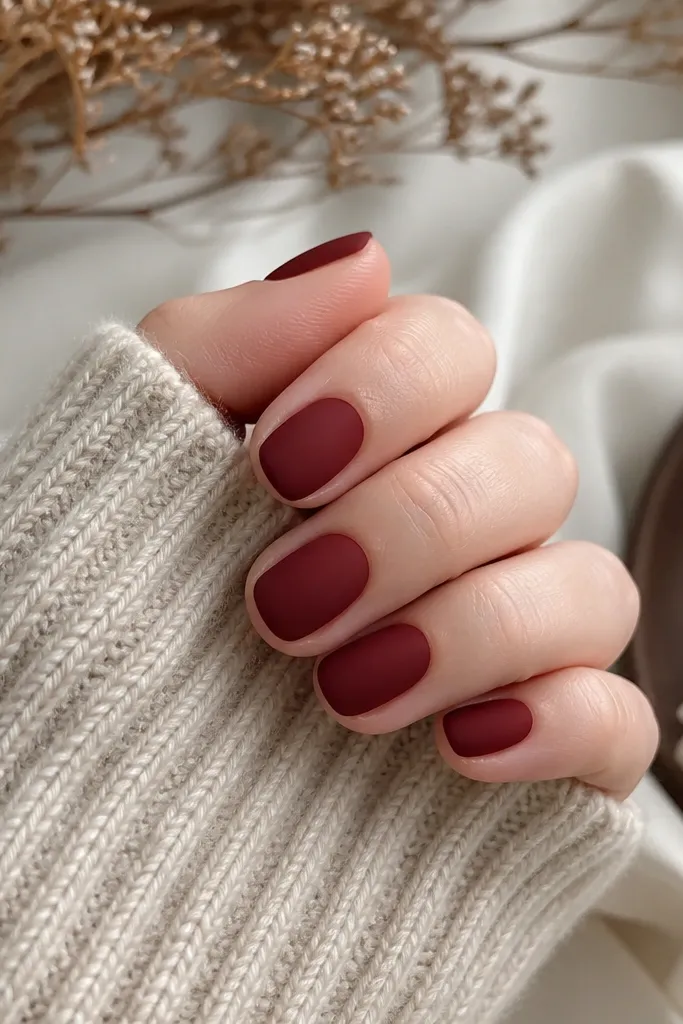 Short rounded nails painted deep cherry red with a true matte finish, no shine, soft velvety texture visible under light.