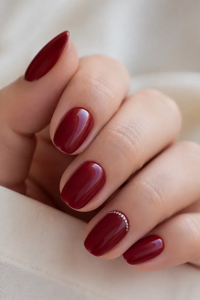 Deep cherry red glossy nails with a single thin line of micro clear rhinestones across one accent nail near the cuticle, rest are solid cherry gloss.