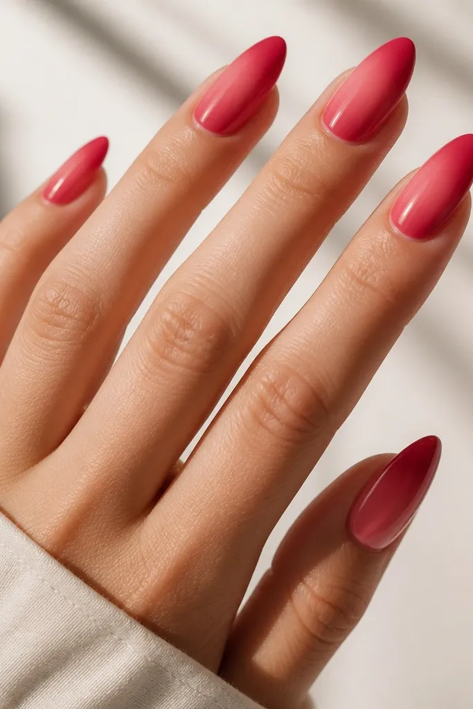 Almond nails with a gradient: lighter cherry-pink near the cuticle blending into deeper cherry red at the tips, glossy finish, smooth fade.