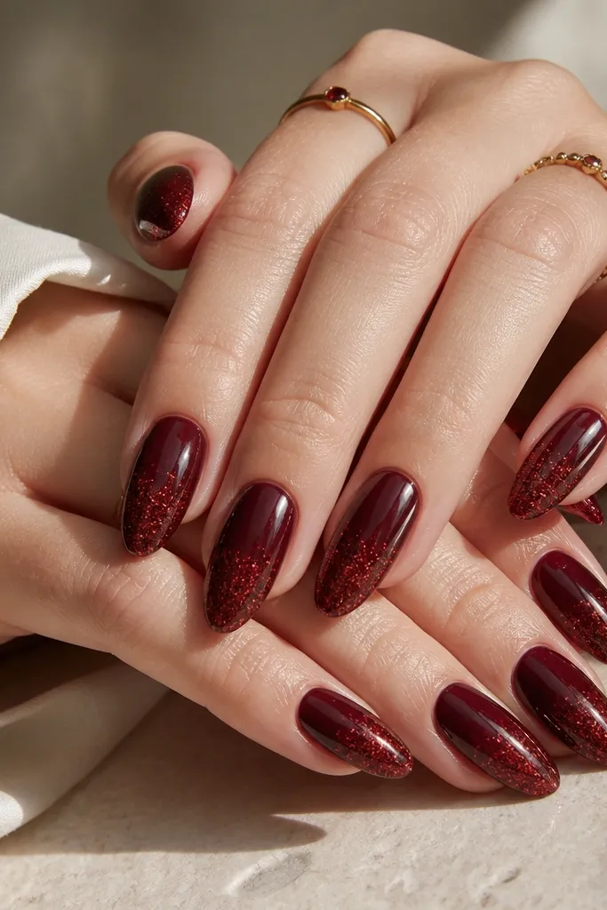 Almond nails with deep cherry red base and tiny red micro glitter concentrated at the tips, fading lighter toward the middle, glossy top coat.