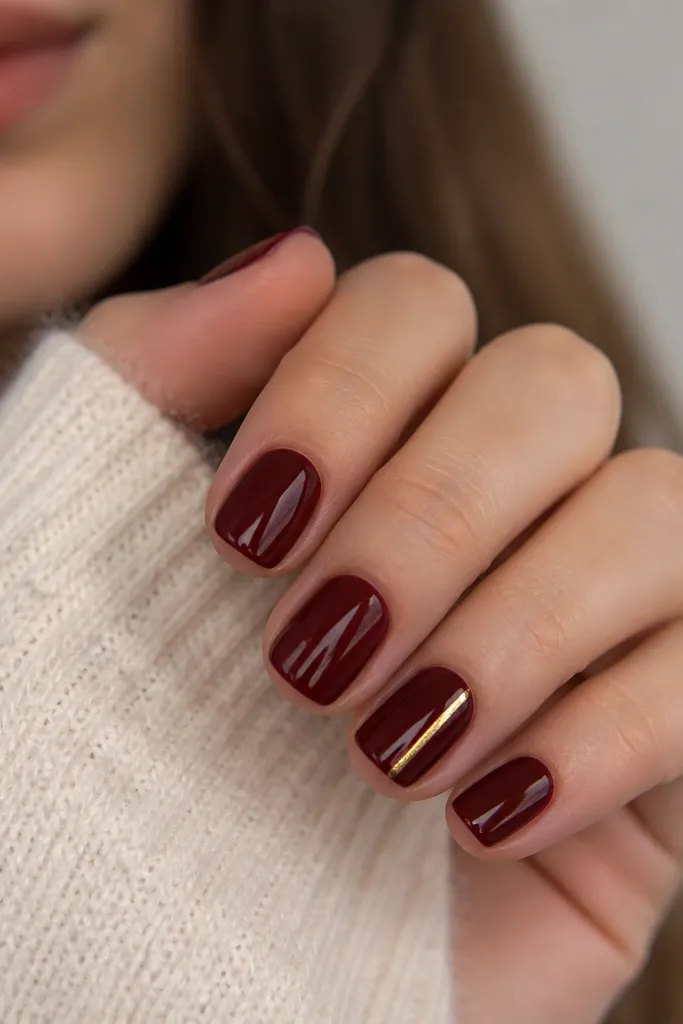 Short square nails in deep cherry red gloss with a single thin gold side swipe on one accent nail running vertically near the outer edge.