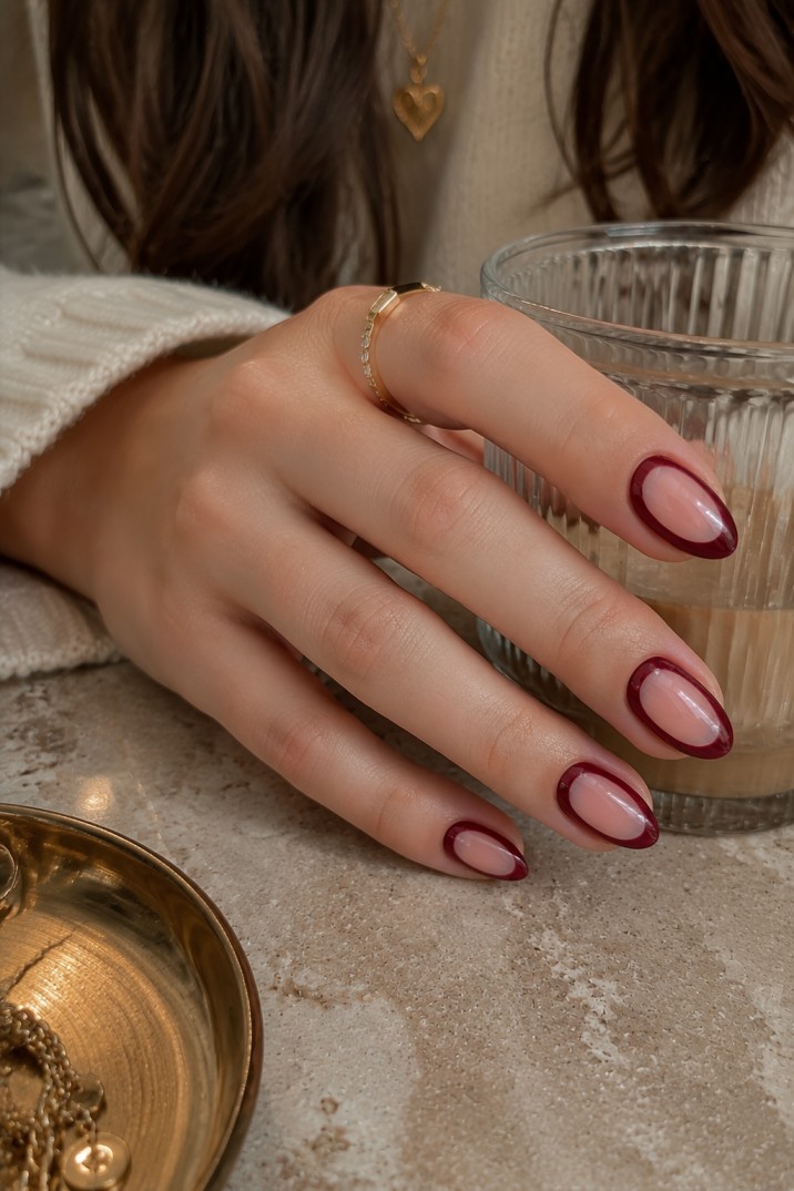 Reverse French look: sheer nude center with deep cherry red on the sides and cuticle area, creating a curved frame, glossy finish.