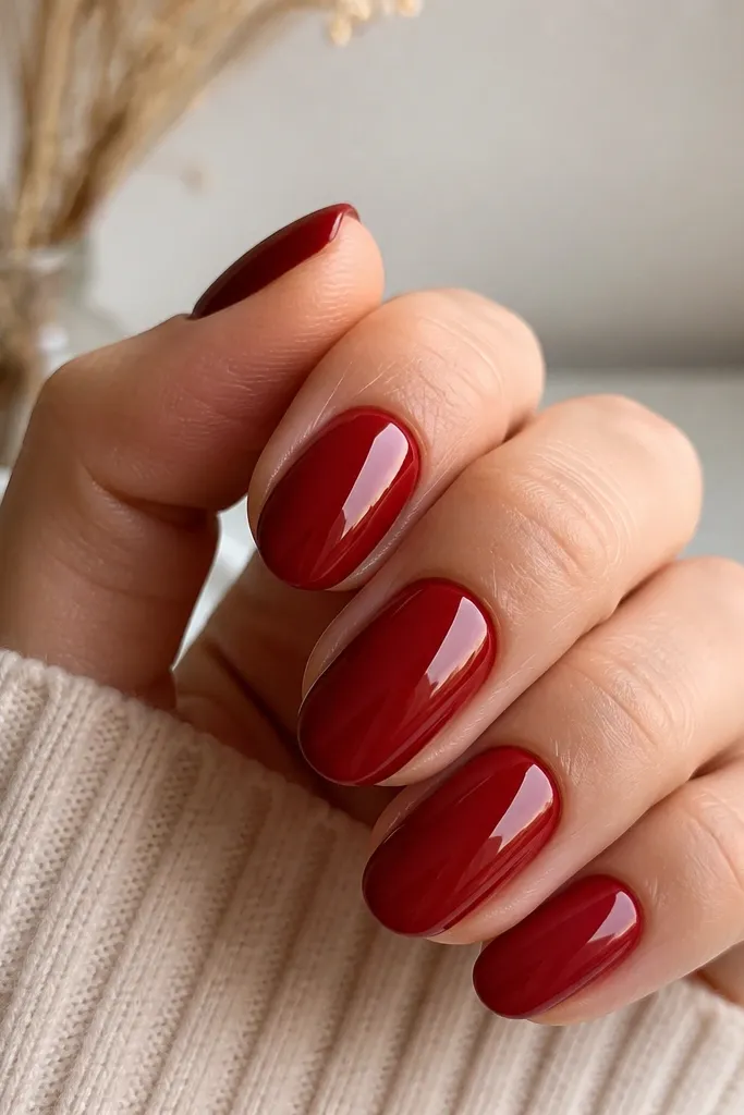 All nails are solid deep cherry red with extra-thick glass shine, smooth reflection, no glitter or decals, perfectly leveled surface.