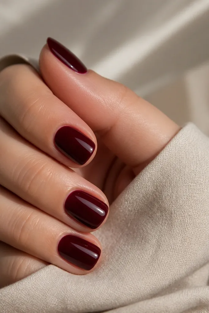 A set of short squoval nails painted a dark oxblood red, evenly opaque from cuticle to tip, finished with a mirror-like glossy top coat. No art, just crisp edges and a smooth shine.
