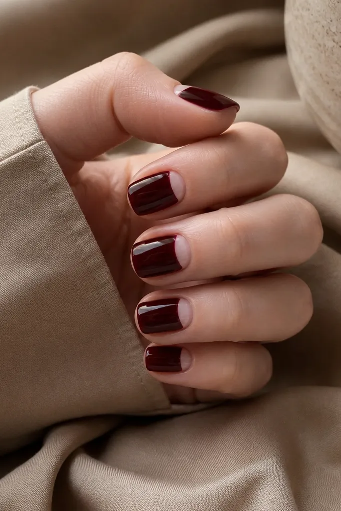 Short squoval nails with a deep red half-moon at the cuticle, leaving a clean bare arc in the center cuticle area. The tips are fully coated in deep red, with glossy finish.