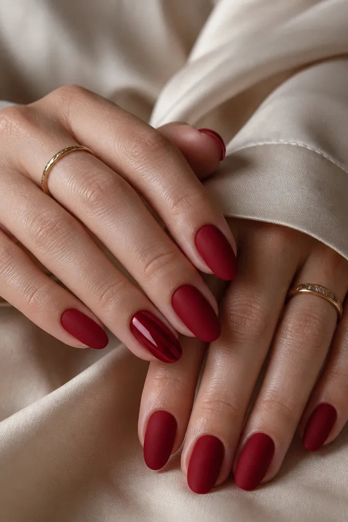All nails are matte deep red except the ring fingers which are glossy deep red. The matte nails look velvety; the accent nails reflect light.