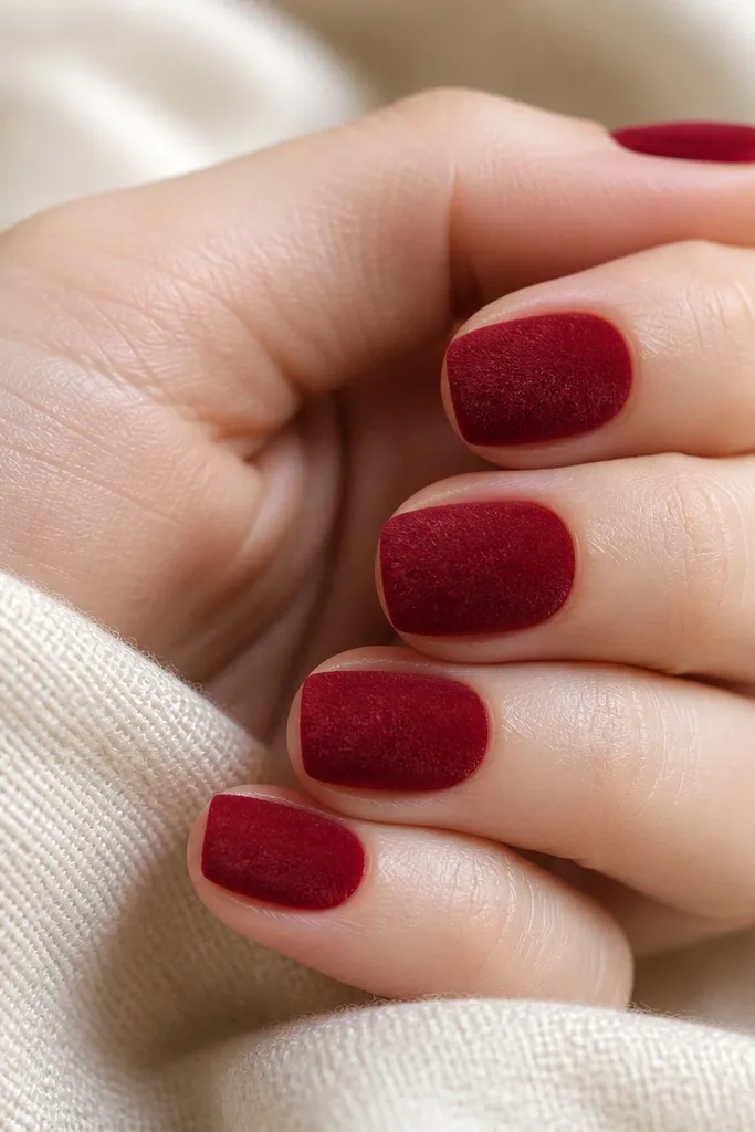 Short squoval nails in deep red with a soft velvety texture finish, like fine crushed velvet, evenly coated. No other art, just a uniform fuzzy look.