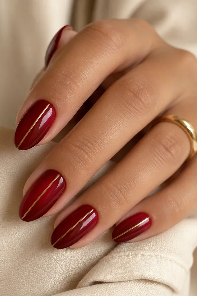 Medium almond nails in glossy deep red with a single ultra-thin gold line running down the center of each nail. The line is straight and metallic.