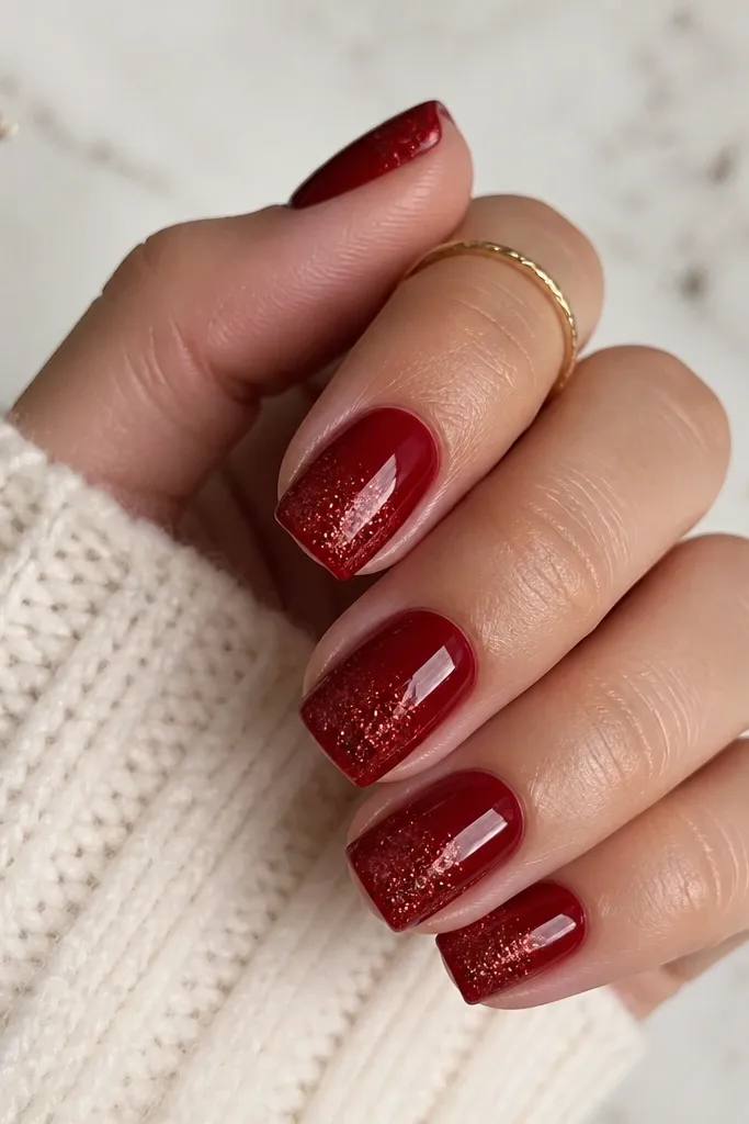 Short squoval nails painted solid deep red. The tips have a glitter fade that starts around mid-nail and concentrates at the very free edge.