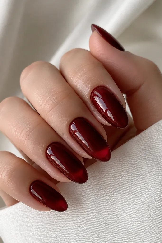 Medium almond nails that look like deep red jelly - slightly translucent in the middle with a darker oxblood glow underneath. The finish is very glossy.