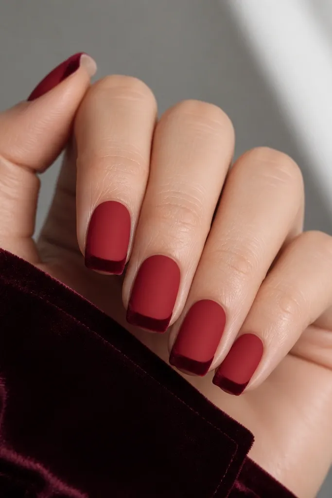Short squoval nails with a matte deep red velvet base and a slightly different maroon velvet French tip. The tip line is crisp and velvety.