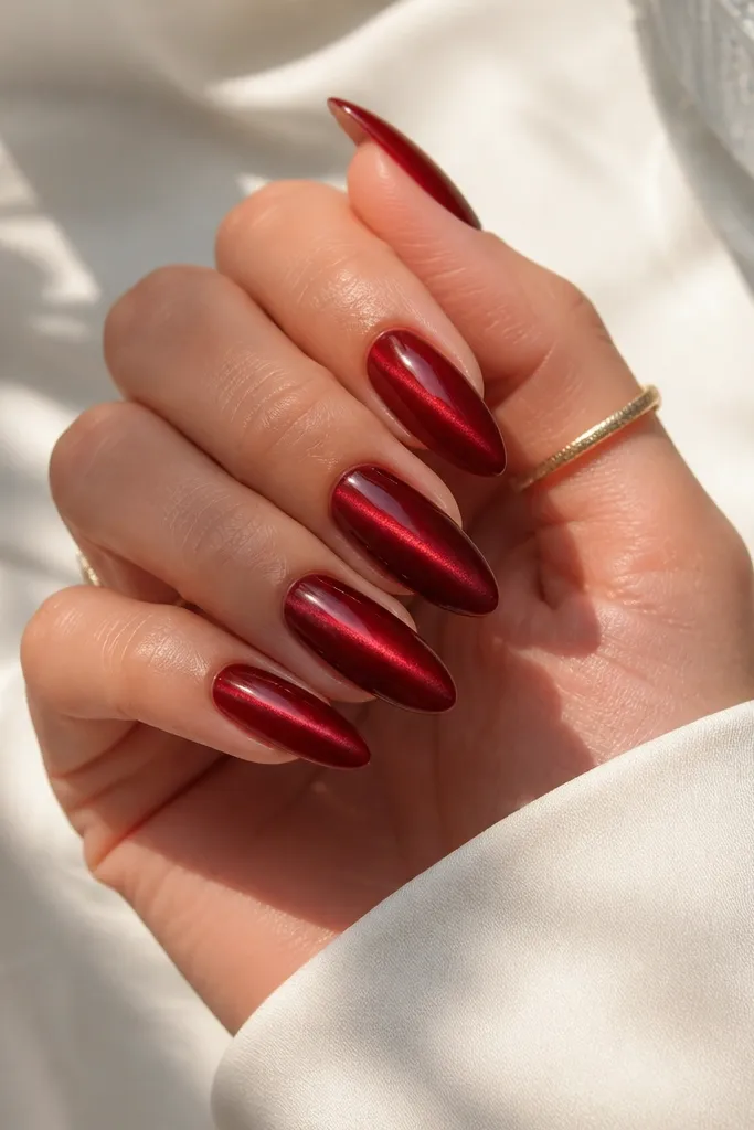 Almond nails painted deep red cat-eye gel with a bright reflective streak running down the center like a cat's eye lens. All nails match, glossy top coat.