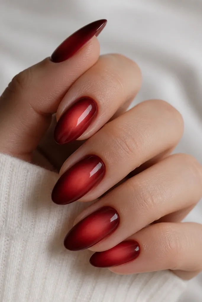 Almond nails where the deep red surrounds a softly glowing lighter center around the nail's middle. The glow fades outward like an aura halo.