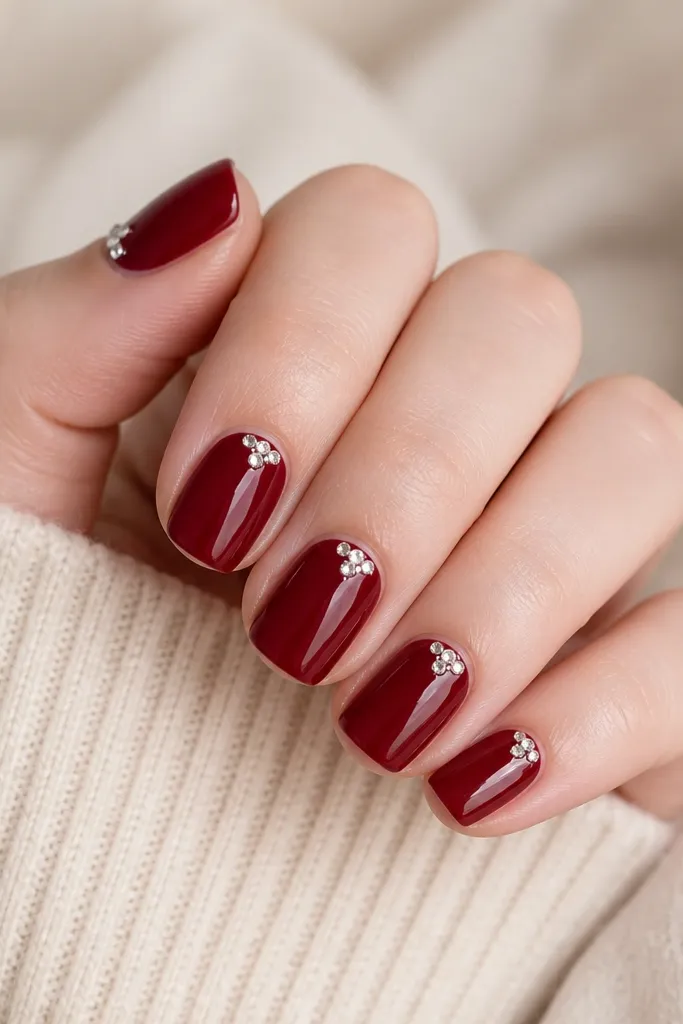 Short squoval nails in glossy deep red. On each nail, 3 tiny clear rhinestones cluster in a small triangle near the cuticle on one side, with the rest plain.