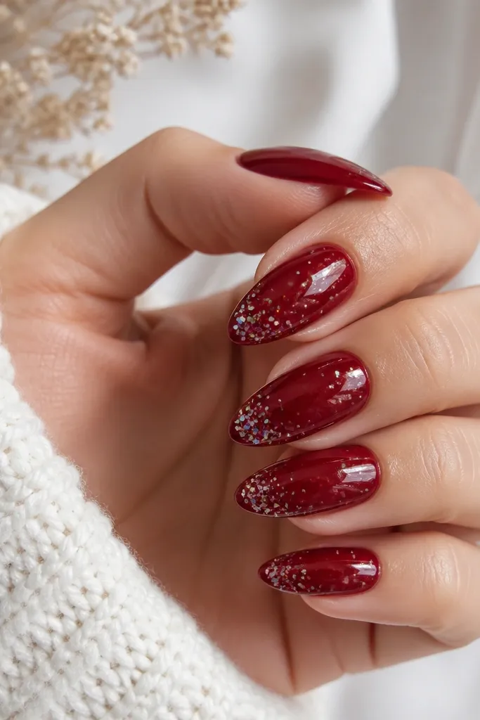 Almond nails in deep red with scattered tiny holographic flakes concentrated near the tips and randomly across the rest. The base stays readable and glossy.
