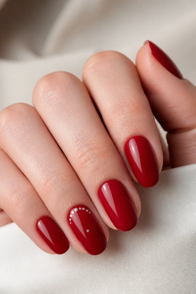 All nails are glossy deep red except the ring finger which has tiny white micro dots arranged like a small cluster near the cuticle and one dot near the center. Clean, minimal dots.