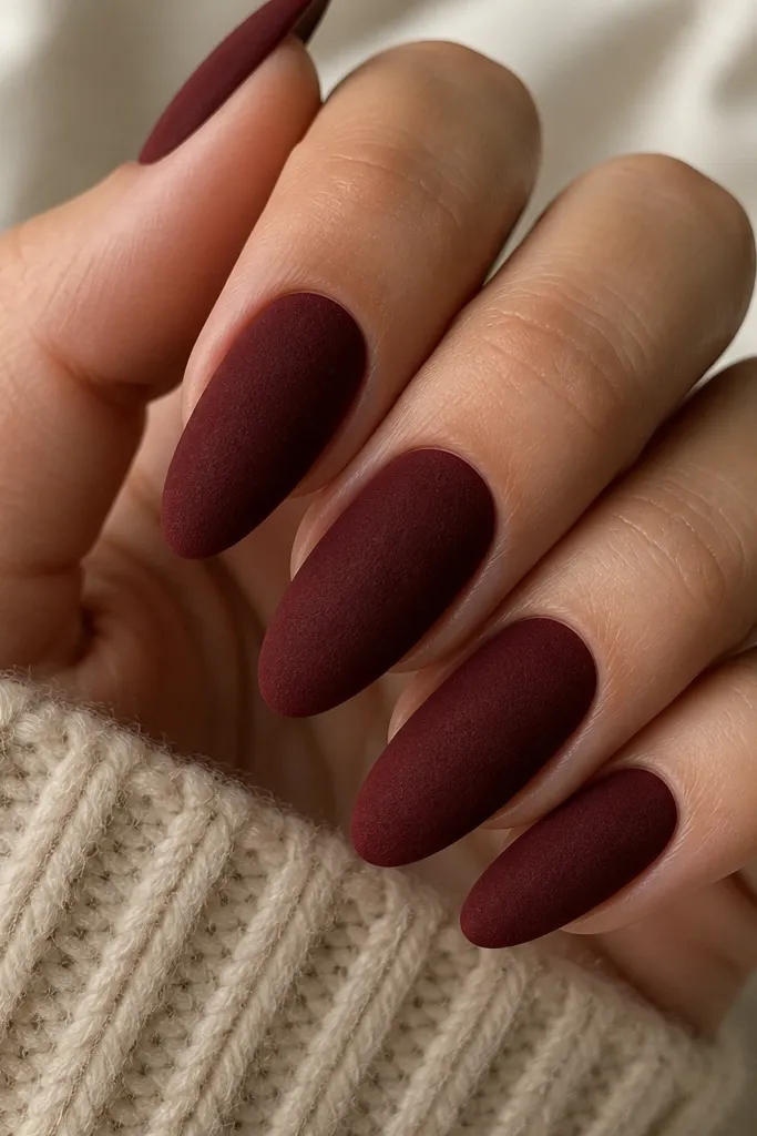 Five almond nails in a deep espresso-red shade with a soft velvety finish; the surface looks slightly fuzzy under light, with no glitter and clean cuticles.