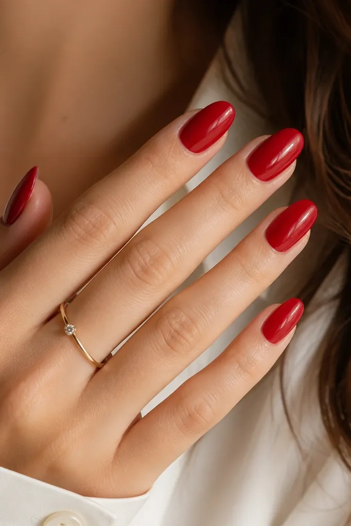 Almond nails painted a bright cranberry-red with a high-gloss shine like glass; cuticles are crisp and the red is even from base to tip.