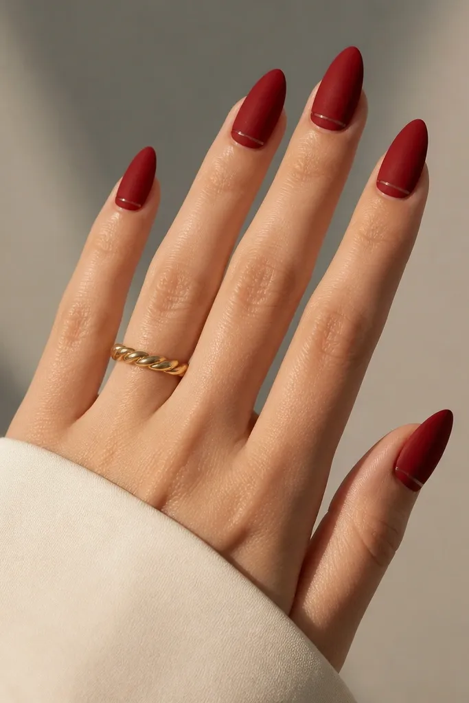 Almond nails are matte deep red. A thin glossy stripe runs horizontally across each nail right above the cuticle line.