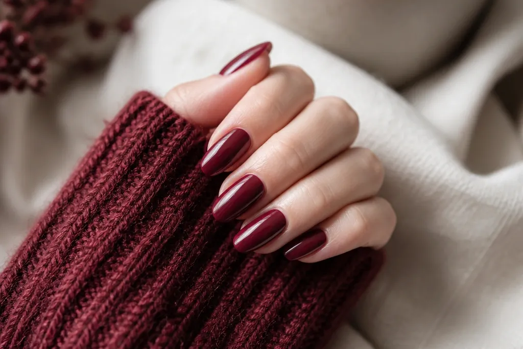 Cozy deep red almond nails