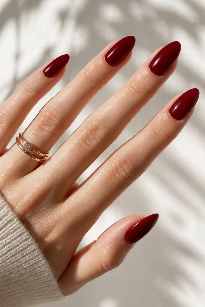 A hand with almond-shaped nails painted a true deep wine red, mirror-gloss shine, clean cuticle line, and a smooth gradient-free finish. The nails look uniform in length with a tapered almond tip on each finger.