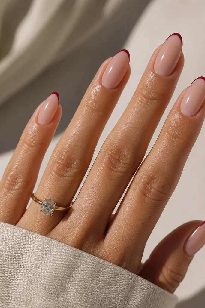 Almond nails with a sheer nude base and a very thin deep red French tip line. The red line sits close to the free edge and looks like a fine marker stroke, with a glossy finish.