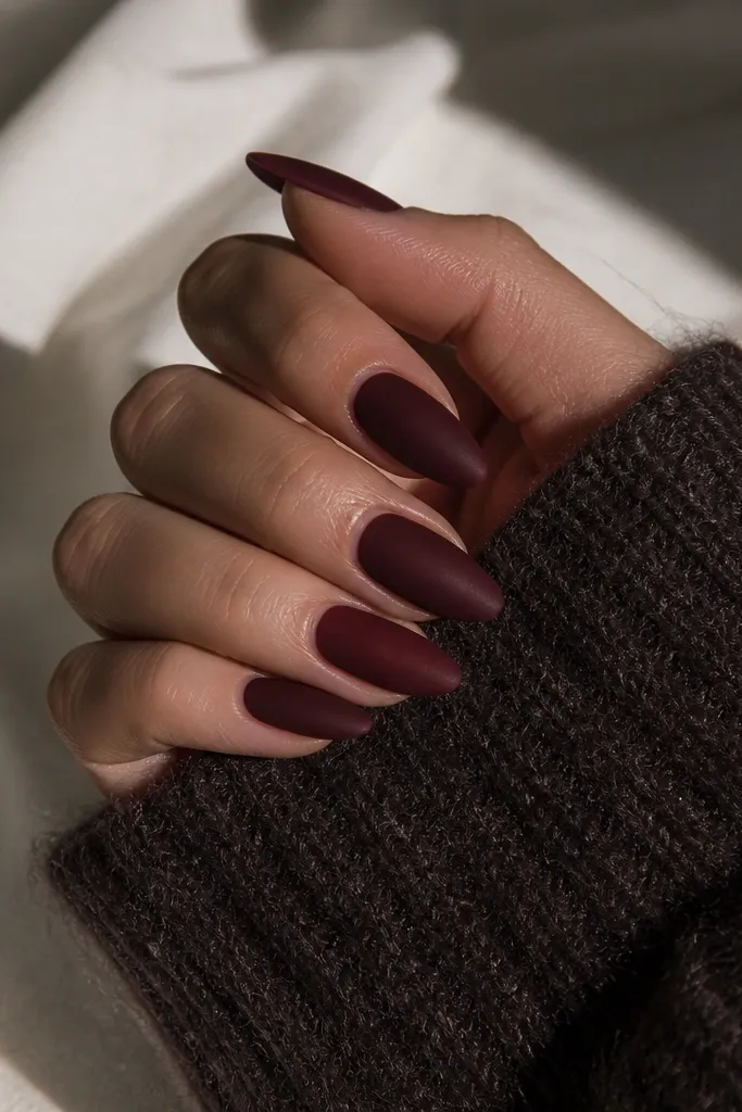 Almond nails painted an oxblood deep red with a soft matte finish. The nails look smooth and velvety with no shine, and the cuticles are clean.