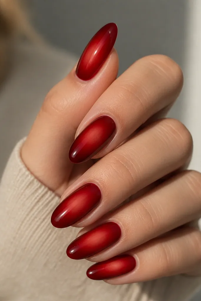 Almond nails with deep red as the main color. A lighter, blurred halo glow sits around the center of each nail, fading smoothly outward, with a glossy finish.