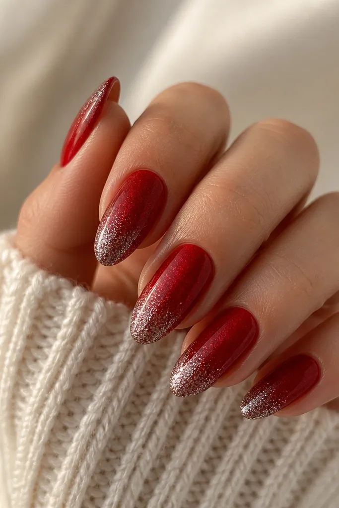 Almond nails in glossy deep red with a silver micro-glitter fade concentrated near the tips. The glitter fades out toward the center, creating a smooth gradient.