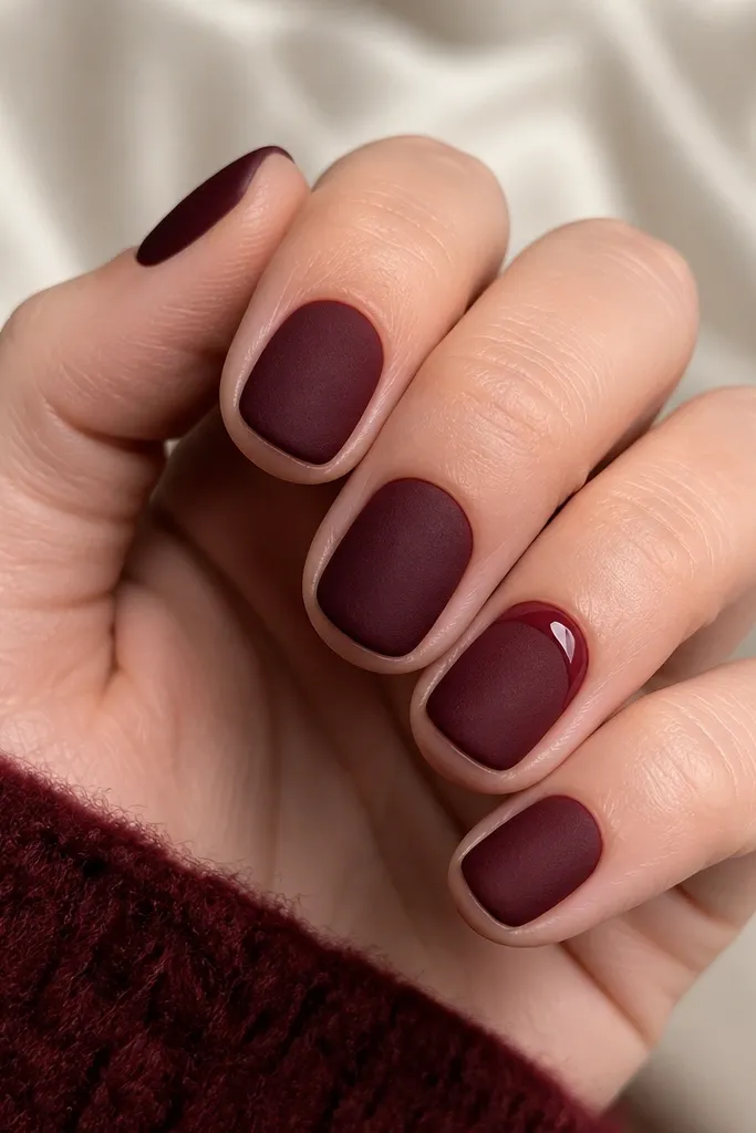 Five nails in a deep burgundy velvet-matte finish. On the ring finger, a glossy wine arc sits right at the cuticle, like a thin crescent highlight. All nails have short, rounded shapes.