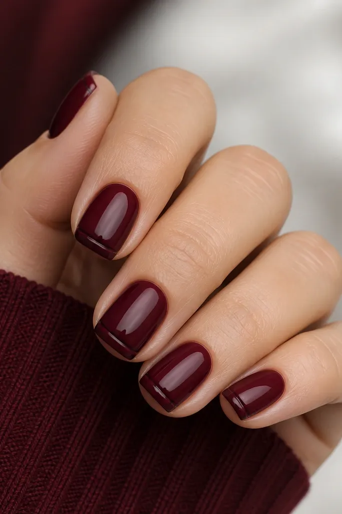 Short square nails. The base is glossy deep burgundy. The French tip is also burgundy, but it's outlined with a hair-thin black-wine strip that follows the smile line.