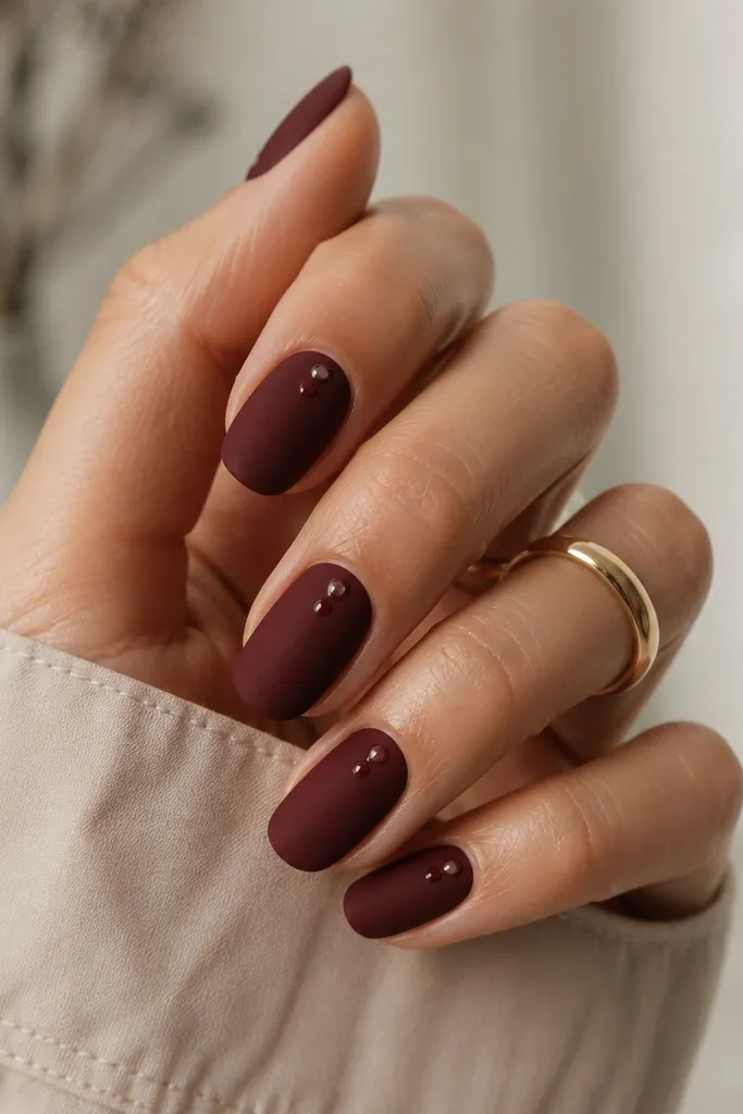 Rounded medium nails. The nail body is matte oxblood. Each nail has a small glossy half-moon at the cuticle, and two tiny glossy dots sit just below the half-moon on the center line.