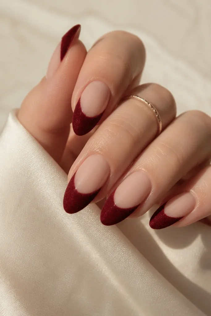 Rounded medium nails. The base is glossy deep burgundy. The tips are velvet-matte, creating a soft contrast band at the smile line.