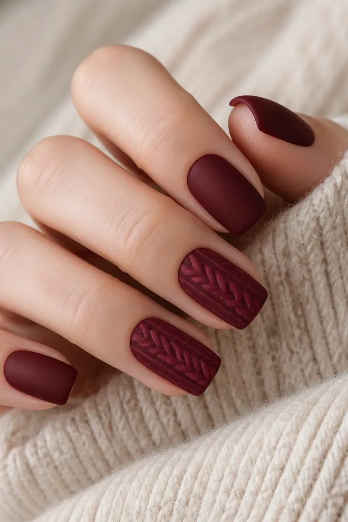 Medium squoval nails. The base is deep burgundy matte. On two nails, raised-looking cable knit lines are painted in a slightly lighter burgundy, forming a diagonal rope pattern.