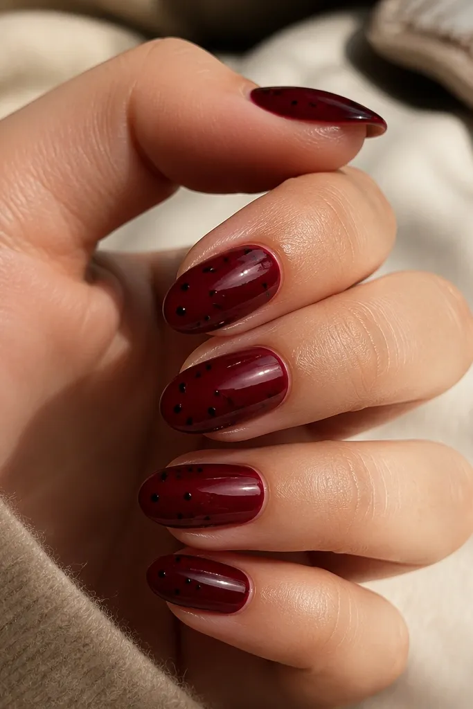 Glossy deep burgundy nails in short almond shape. Each nail has 3-6 tiny black dots scattered near the tip, spaced like a mini constellation.