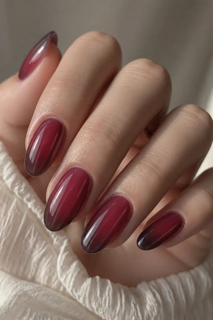 Medium almond nails. The color is a jelly-like deep berry (translucent), with a smoky gray-burgundy haze at the edges. The center looks more sheer and juicy than the sides.