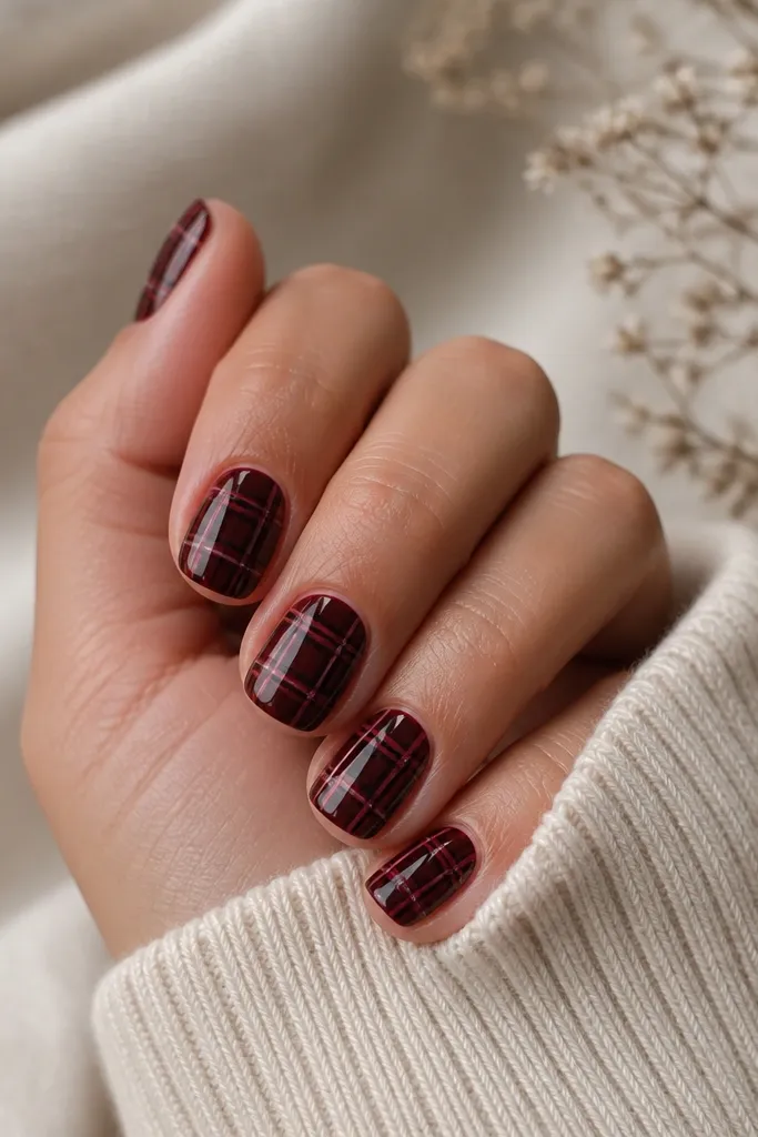 Short square nails. A deep burgundy base is interrupted by thin lighter-burgundy and dark lines forming a plaid grid. Negative space lines are visible so the pattern isn't fully filled in.