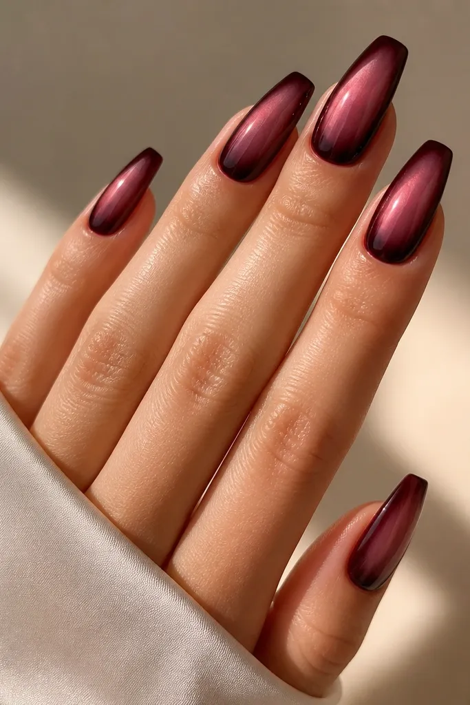 Coffin nails with a deep burgundy base. A milky, slightly pink glaze ring sits around the center, and a glossy top coat makes the whole nail look lacquered and rounded.
