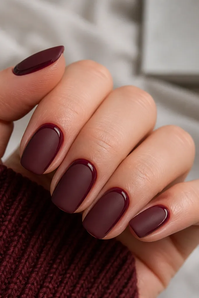 Medium squoval nails. Each nail has a matte deep burgundy base. A glossy burgundy frame outlines the cuticle area like a rounded rectangle, with a thin inner border line.