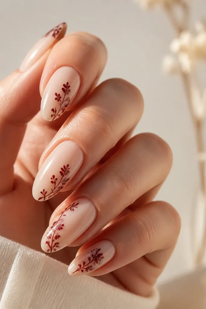 Almond nails with a sheer nude base. A deep burgundy floral sprig sits on the side of each nail, with tiny petals and a thin stem. The rest of the nail is clear and nude.