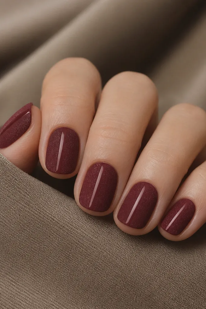 Short rounded nails. The surface looks matte with a fine, velvety dust texture in deep burgundy. A single glossy center line runs from cuticle to tip on each nail.