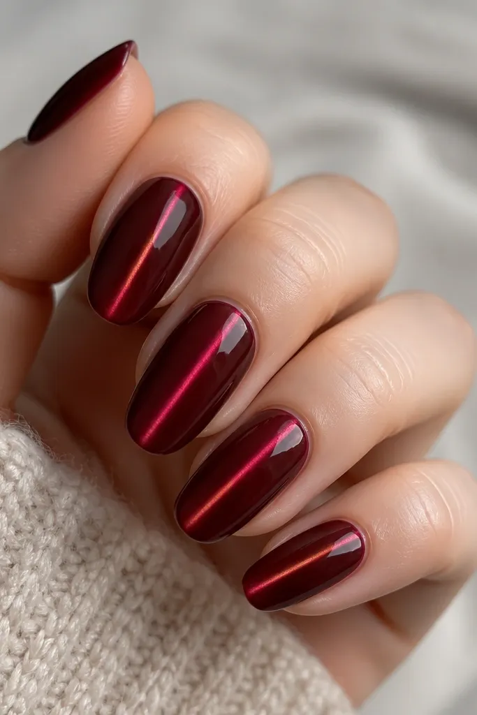 Deep wine-red gel nails with a single bright magnetic stripe running vertically down the center of each nail, high gloss, sharp edges near the cuticle.
