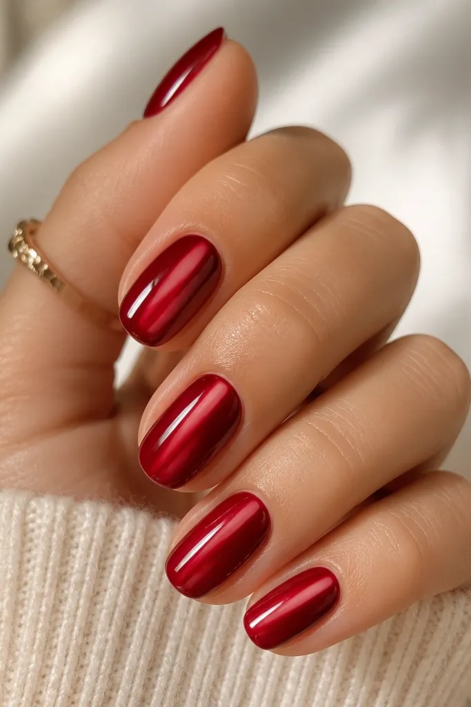 Cherry red nails with a bright center stripe and a subtle lighter shimmer near the sidewalls, still glossy and not speckled.