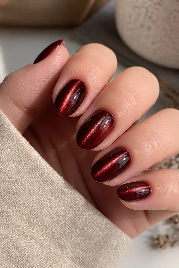 Short almond nails in deep red with a centered magnetic stripe; the cuticle area is clean, no gel flooding, and the shine is glassy.