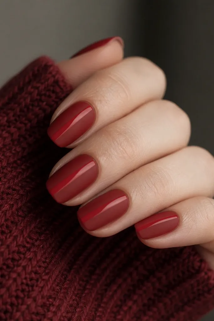 Mostly matte deep red nails with a single glossy bright stripe running vertically, like a polished vein in a matte field.
