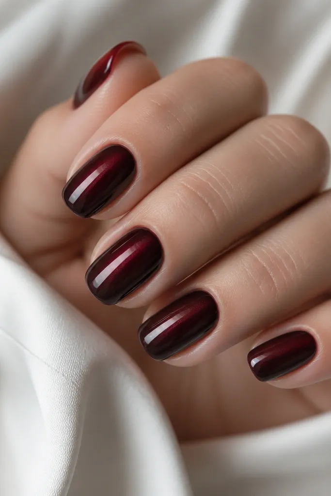 Burgundy nails where the center stripe is bright, and the lower half of each nail looks slightly smoked or softened toward the tip.