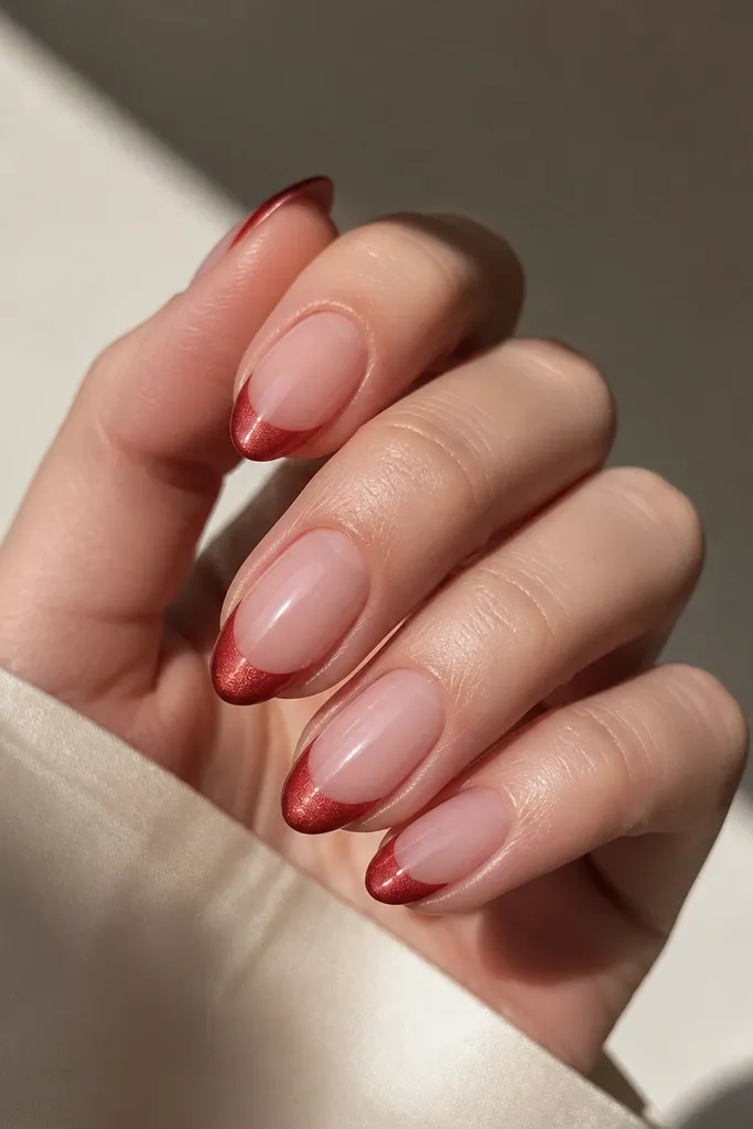 A nude-to-pink base with a deep red cat eye French tip; the magnetic stripe runs through the red tip area and points upward toward the center.